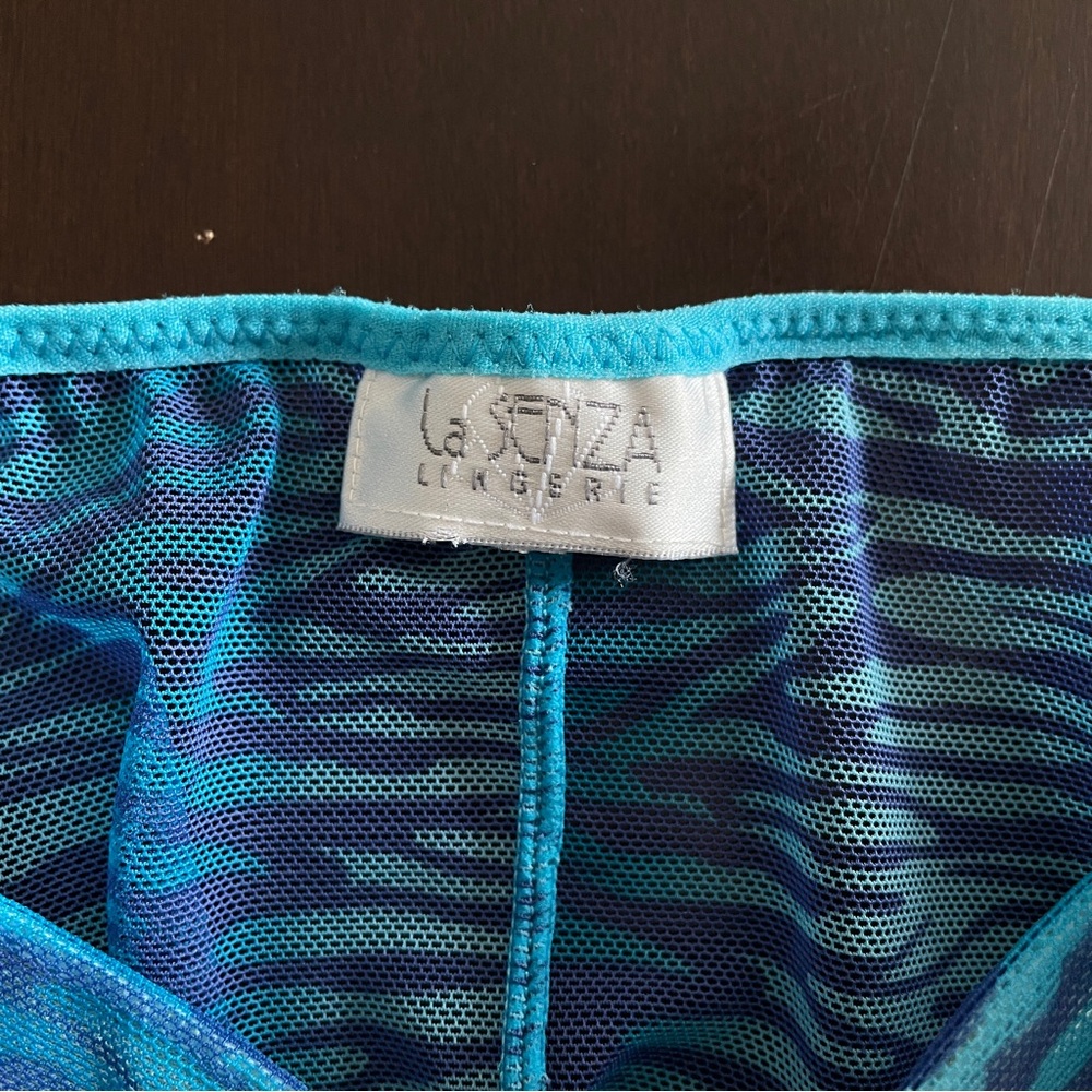 Y2K Babydoll LA SENZA Blue Zebra Damask Mesh Chemise Lingerie Slip SEE MSMTS - Picture 5 of 9